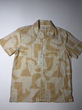 NWT $182 FOLK Clothing 100% Cotton Yellow Tan Short Sleeve Shirt Medium Summer